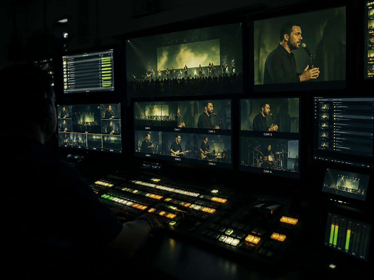 Puesto de realización con varios monitores de cámaras durante una emisión en directo